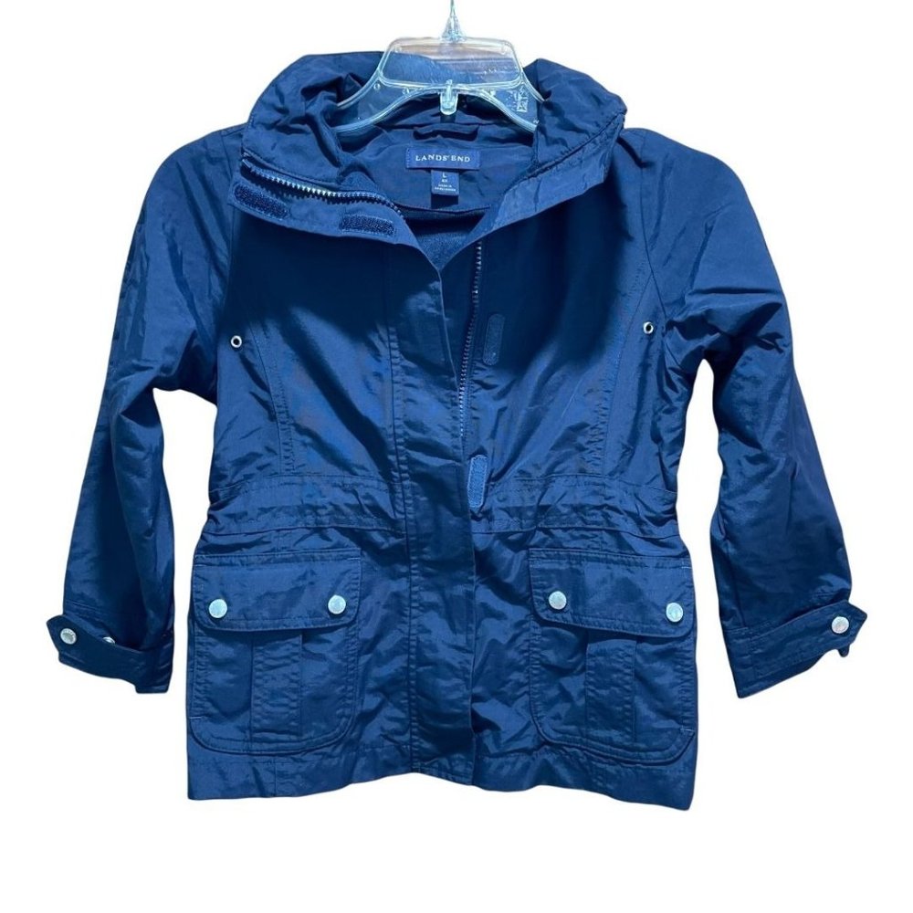 Lands End Kids Dark Blue Nylon Zip Up Hooded Coat Large or 6x